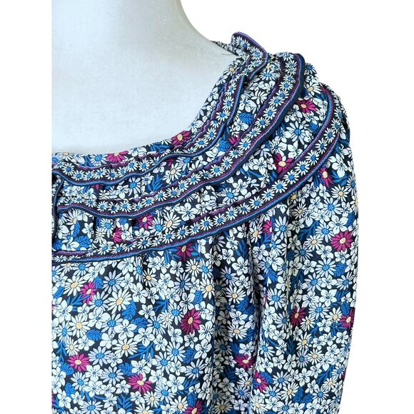 Max Studio Blue Purple Daisy Print Short Sleeve Bubble Hem 3/4 Sleeve Blouse - Picture 3 of 10
